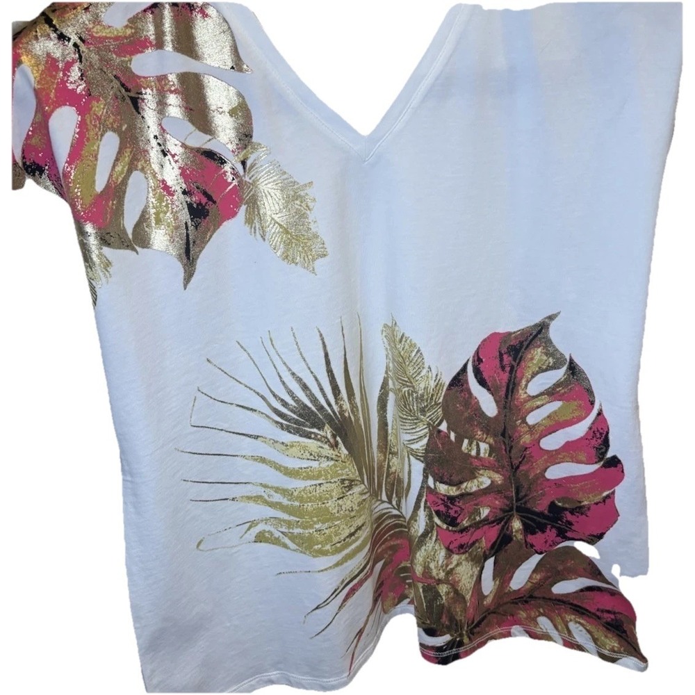 Chicos Small Gold Foil Short Sleeve Top Chicos 0 Pink Palms Metallic Gold - Picture 2 of 11